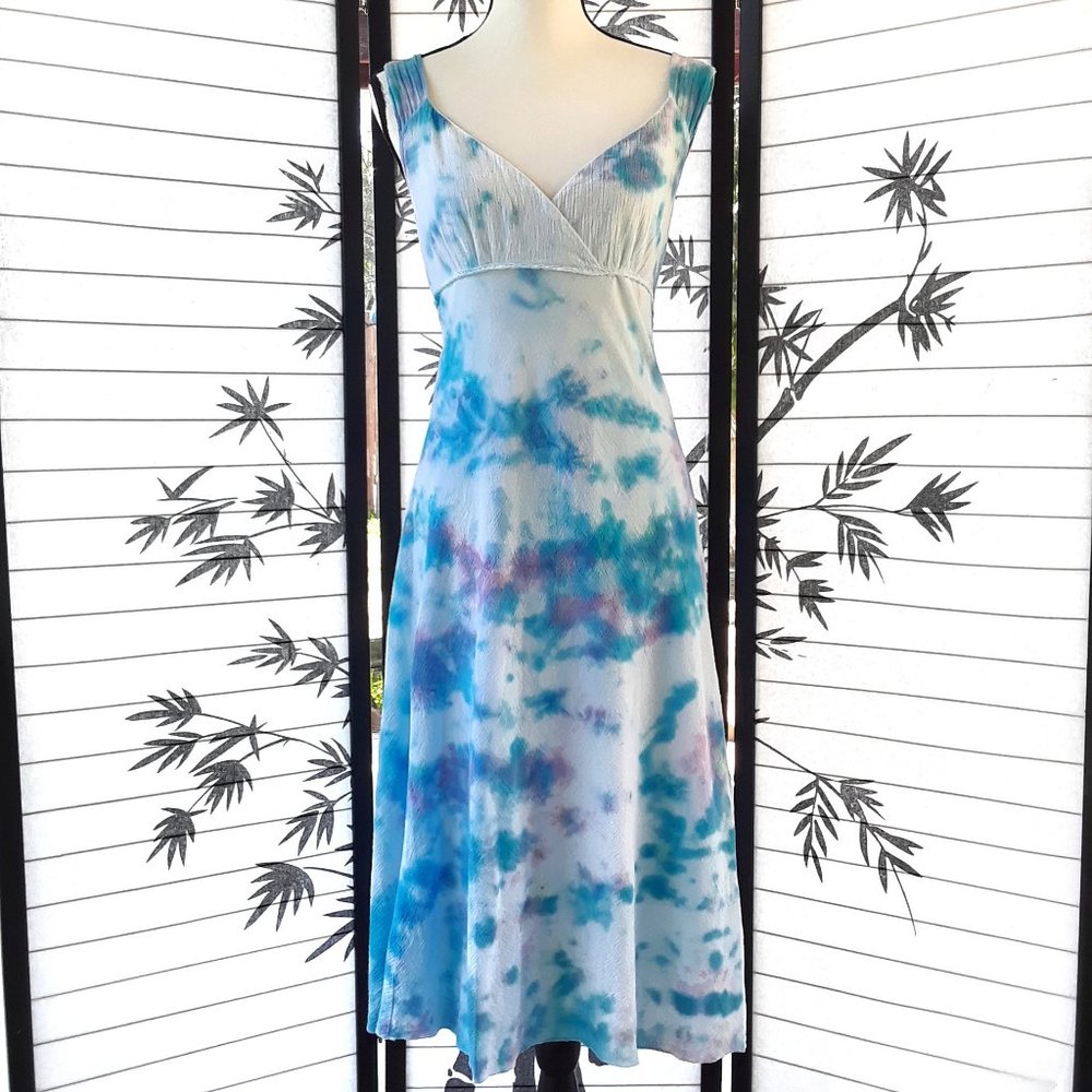 Vintage 1990s Sleeveless Tie Dye Surplice V Neck Midi Sun Dress Size 1XL